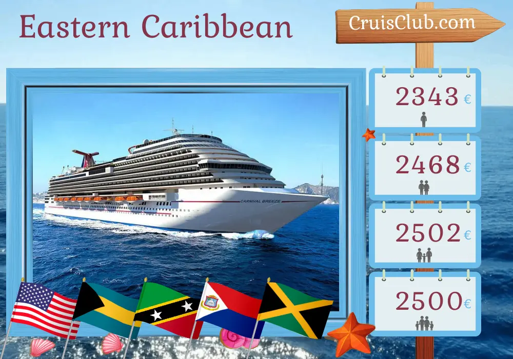 Kreuzfahrt in der östlichen Karibik ab Galveston an Bord des Schiffes Carnival Breeze mit Stopps in den USA, Bahamas, Puerto Rico, Saint Kitts und Nevis sowie Jamaika für 15 Tage