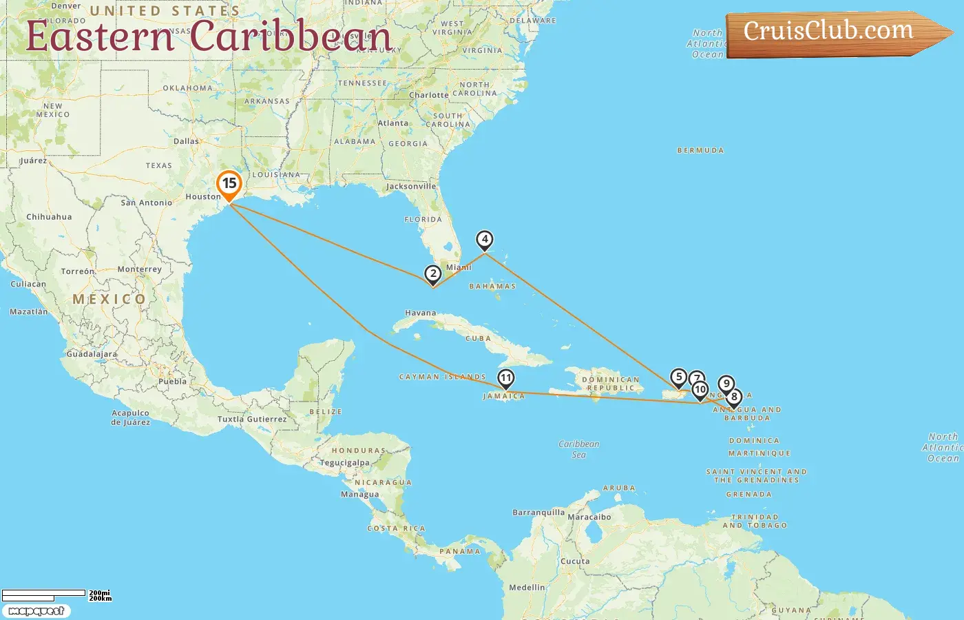 Kreuzfahrt in der östlichen Karibik ab Galveston an Bord des Schiffes Carnival Breeze mit Stopps in den USA, Bahamas, Puerto Rico, Saint Kitts und Nevis sowie Jamaika für 15 Tage