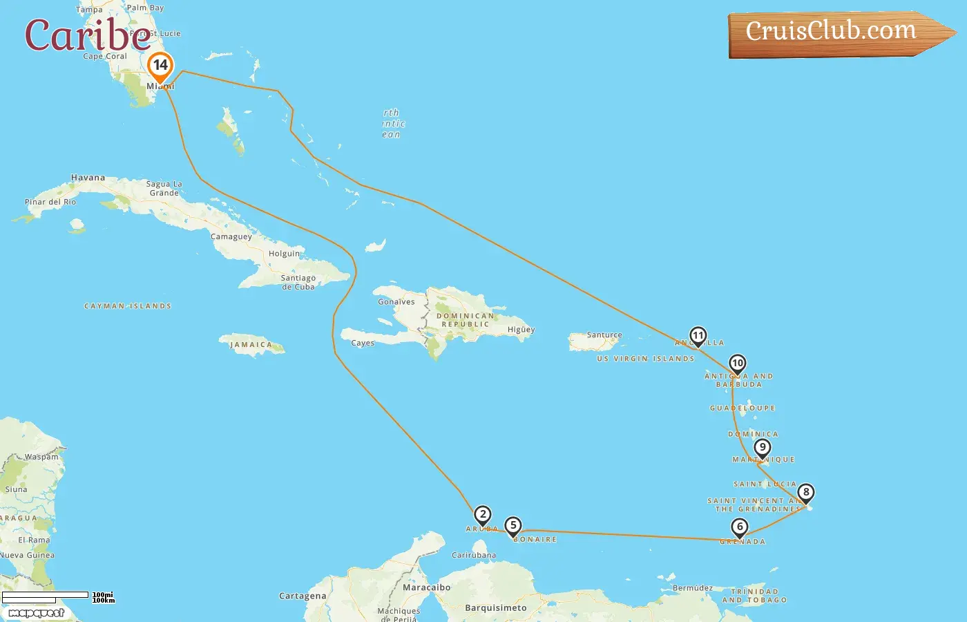 Crucero por el Caribe desde Miami a bordo del barco Carnival Firenze con visitas a EE. UU., Aruba, Curazao, Granada, Barbados y Martinica durante 14 días