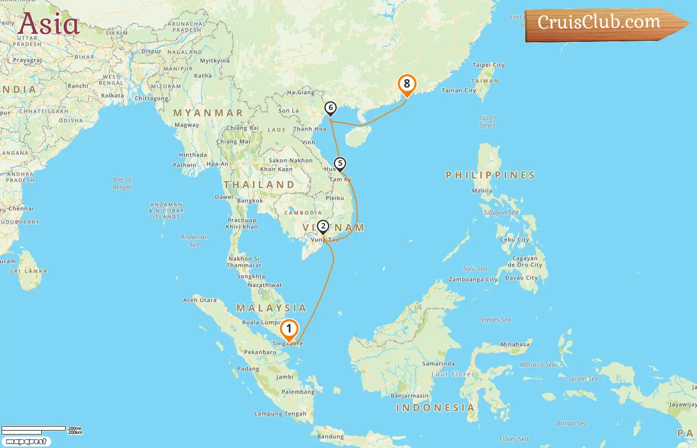 Cruise in the Asia from Singapore to Hong Kong aboard EXPLORA III ship with visits to Singapore, Viet Nam, and Hong Kong for 8 days