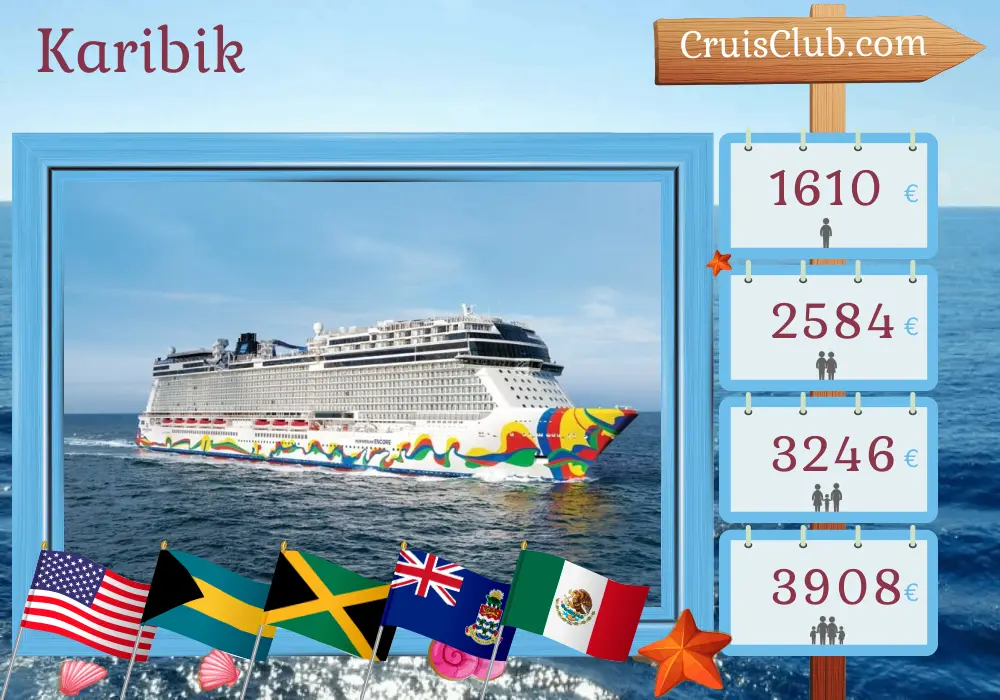 Kreuzfahrt in der Karibik von Miami an Bord des Schiffes Norwegian Encore mit Aufenthalten in den USA, Bahamas, Jamaika, Kaimaninseln und Mexiko für 8 Tage