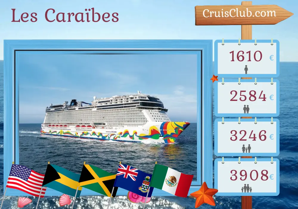 Croisière dans les Caraïbes au départ de Miami à bord du navire Norwegian Encore avec des escales aux États-Unis, aux Bahamas, en Jamaïque, aux îles Caïmans et au Mexique pendant 8 jours