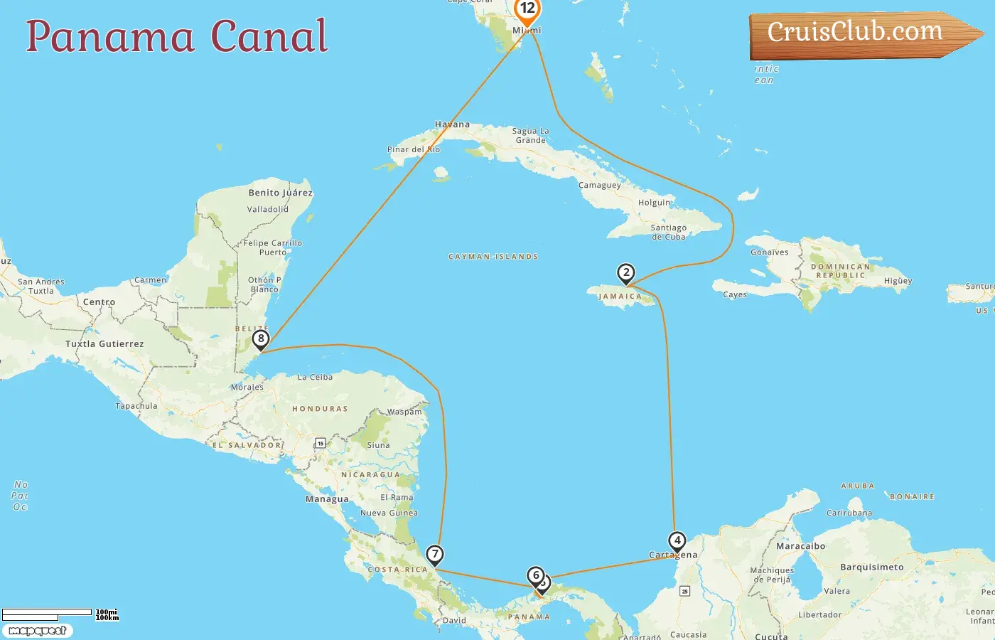 Cruise in the Panama Canal from Miami aboard Norwegian Pearl ship with visits to USA, Jamaica, Colombia, Panama, Costa Rica, and Belize for 12 days