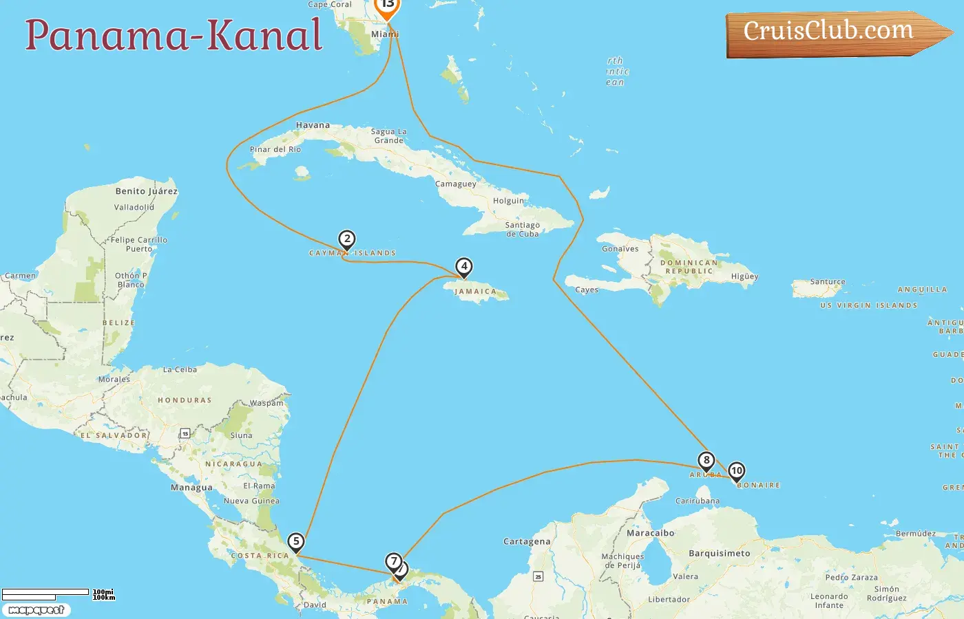 Kreuzfahrt im Panamakanal von Fort Lauderdale an Bord des Caribbean Princess-Schiffes mit Stopps in den USA, den Kaimaninseln, Jamaika, Costa Rica, Panama, Aruba und Curaçao für 13 Tage