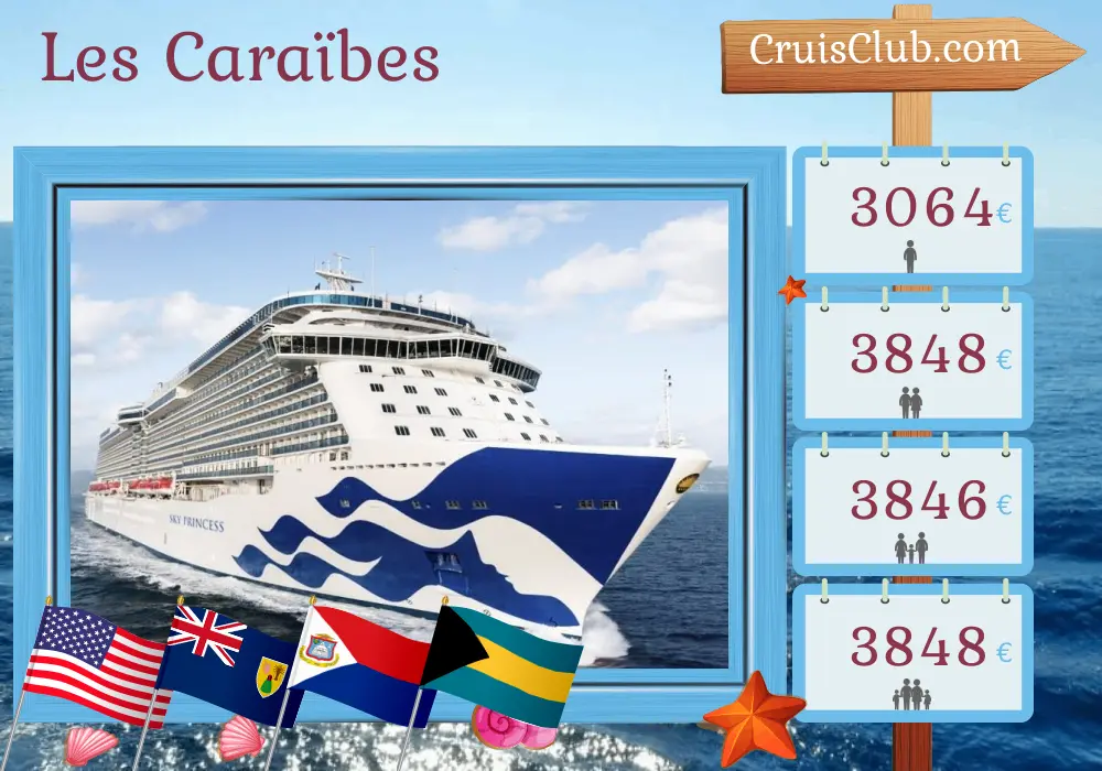 Croisière dans les Caraïbes au départ de Port Canaveral / Orlando à bord du navire Sky Princess avec des escales aux États-Unis, à Porto Rico, aux Bahamas et en République dominicaine pendant 15 jours