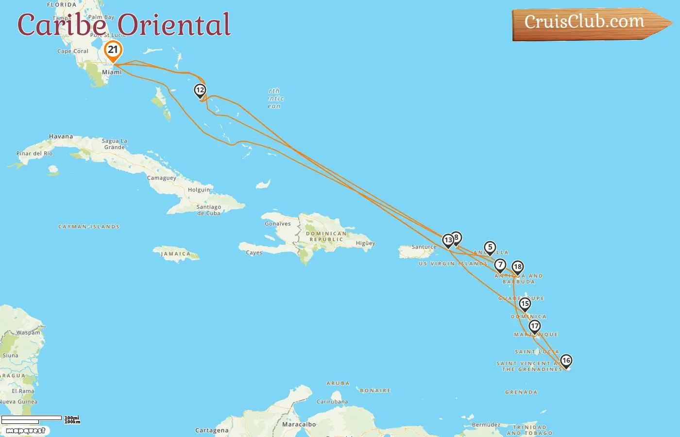 Cruzeiro no Caribe Oriental de Fort Lauderdale a bordo do navio Enchanted Princess, com visitas aos EUA, Bahamas, São Cristóvão e Nevis, Ilhas Virgens Britânicas, Dominica, Barbados e Martinica por 21 dias