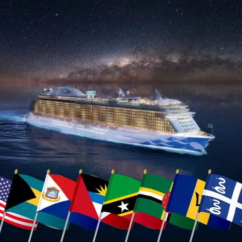Cruzeiro no Caribe Oriental de Fort Lauderdale a bordo do navio Enchanted Princess, com visitas aos EUA, Bahamas, São Cristóvão e Nevis, Ilhas Virgens Britânicas, Dominica, Barbados e Martinica por 21 dias