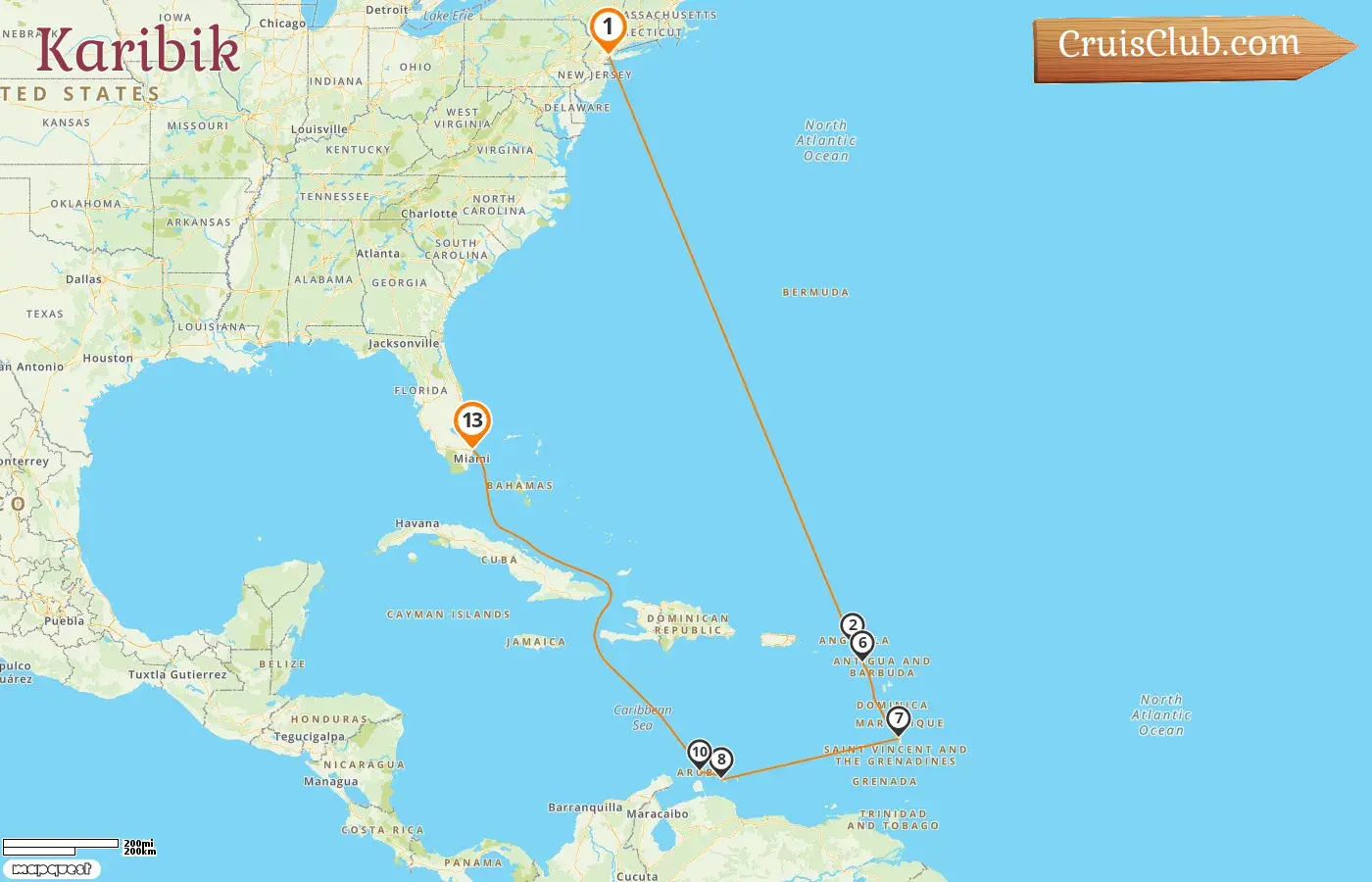 Kreuzfahrt in der Karibik von New York nach Fort Lauderdale an Bord des Schiffes Enchanted Princess mit Besuchen in den USA, St. Kitts und Nevis, Curaçao und Aruba für 13 Tage