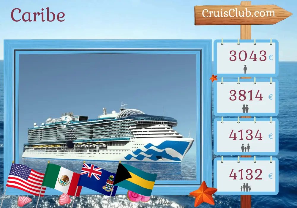 Cruzeiro no Caribe partindo de Fort Lauderdale a bordo do navio Sun Princess com visitas aos EUA, México, Ilhas Cayman, Bahamas e Porto Rico por 15 dias
