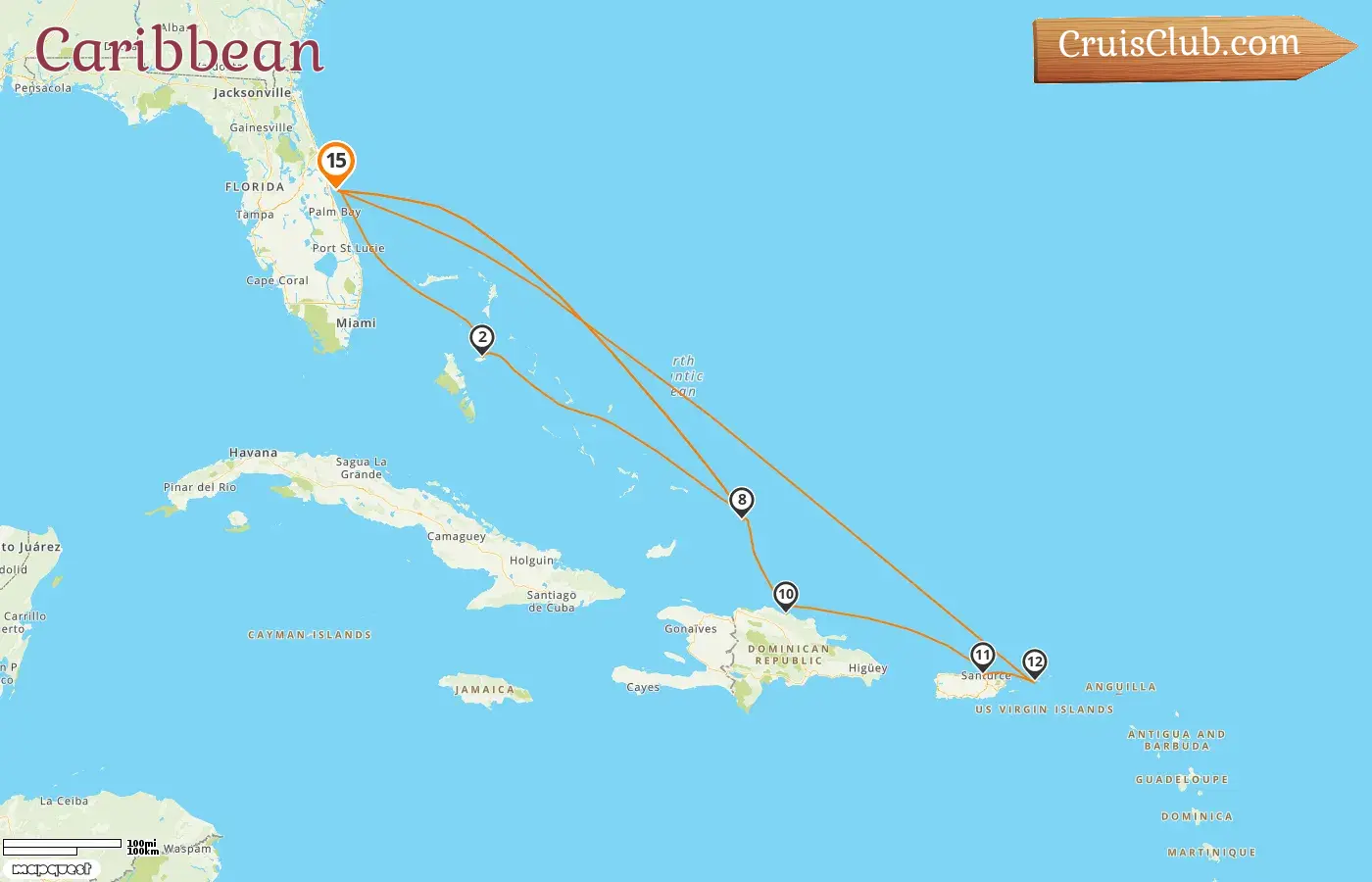 Cruise in the Caribbean from Port Canaveral / Orlando aboard Sky Princess ship with visits to USA, Bahamas, Dominican Republic, and Puerto Rico for 15 days