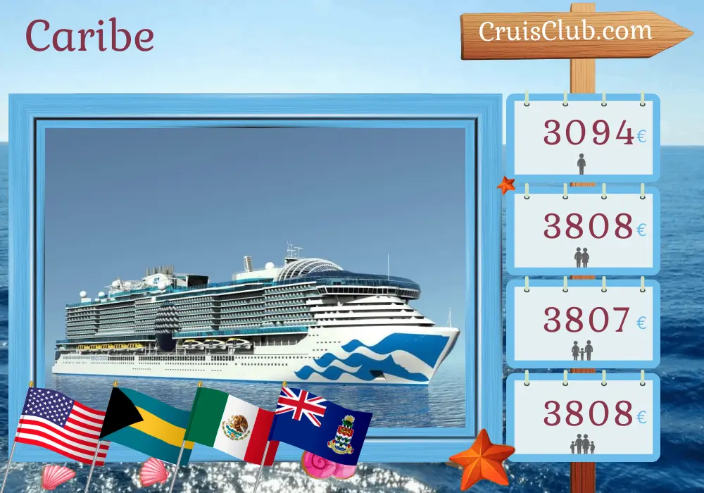Cruzeiro no Caribe de Fort Lauderdale a bordo do navio Sun Princess com visitas aos EUA, Bahamas, Porto Rico, México, Honduras e Ilhas Cayman por 15 dias