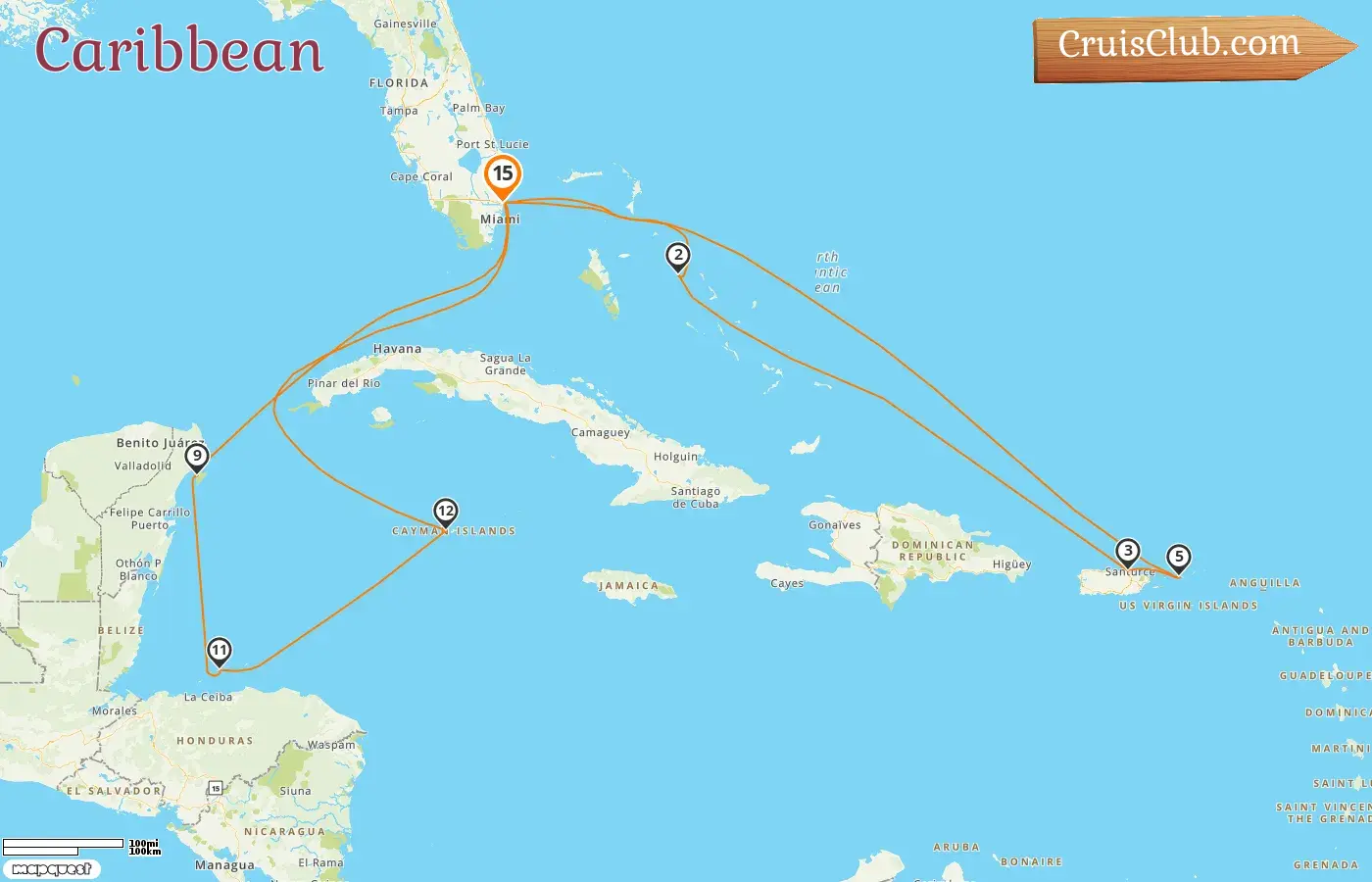 Cruise in the Caribbean from Fort Lauderdale aboard Sun Princess ship with visits to USA, Bahamas, Puerto Rico, Mexico, Honduras, and Cayman Islands for 15 days