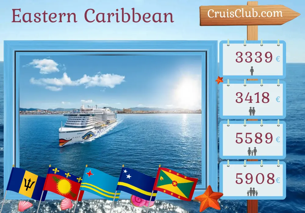Cruise in the Eastern Caribbean from Bridgetown aboard AIDAperla ship with visits to Barbados, Saint Vincent and the Grenadines, Guadeloupe, Aruba, Curaçao, and Grenada for 15 days