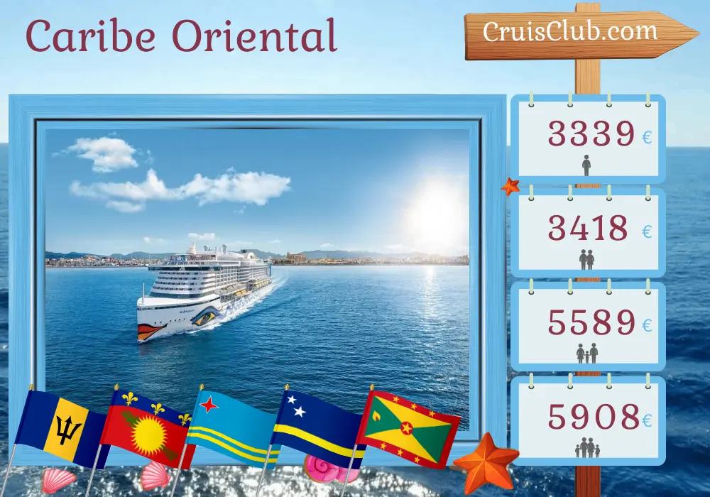 Crucero por el Caribe Oriental desde Bridgetown a bordo del barco AIDAperla con visitas a Barbados, San Vicente y las Granadinas, Guadalupe, Aruba, Curazao y Granada durante 15 días
