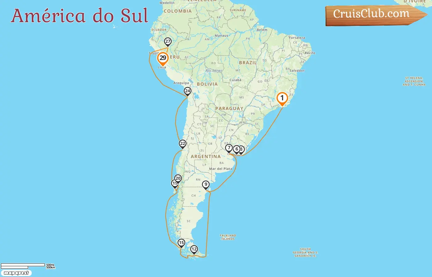 Cruzeiro na América do Sul de Rio de Janeiro a Callao a bordo do navio Artania com visitas ao Brasil, Uruguai, Argentina, Chile e Peru por 29 dias