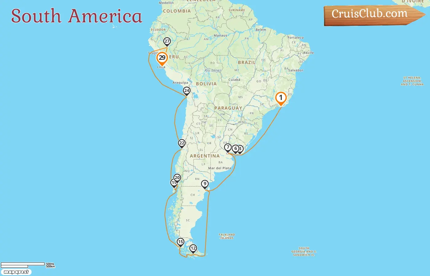 Cruise in the South America from Rio de Janeiro to Callao aboard Artania ship with visits to Brazil, Uruguay, Argentina, Chile, and Peru for 29 days