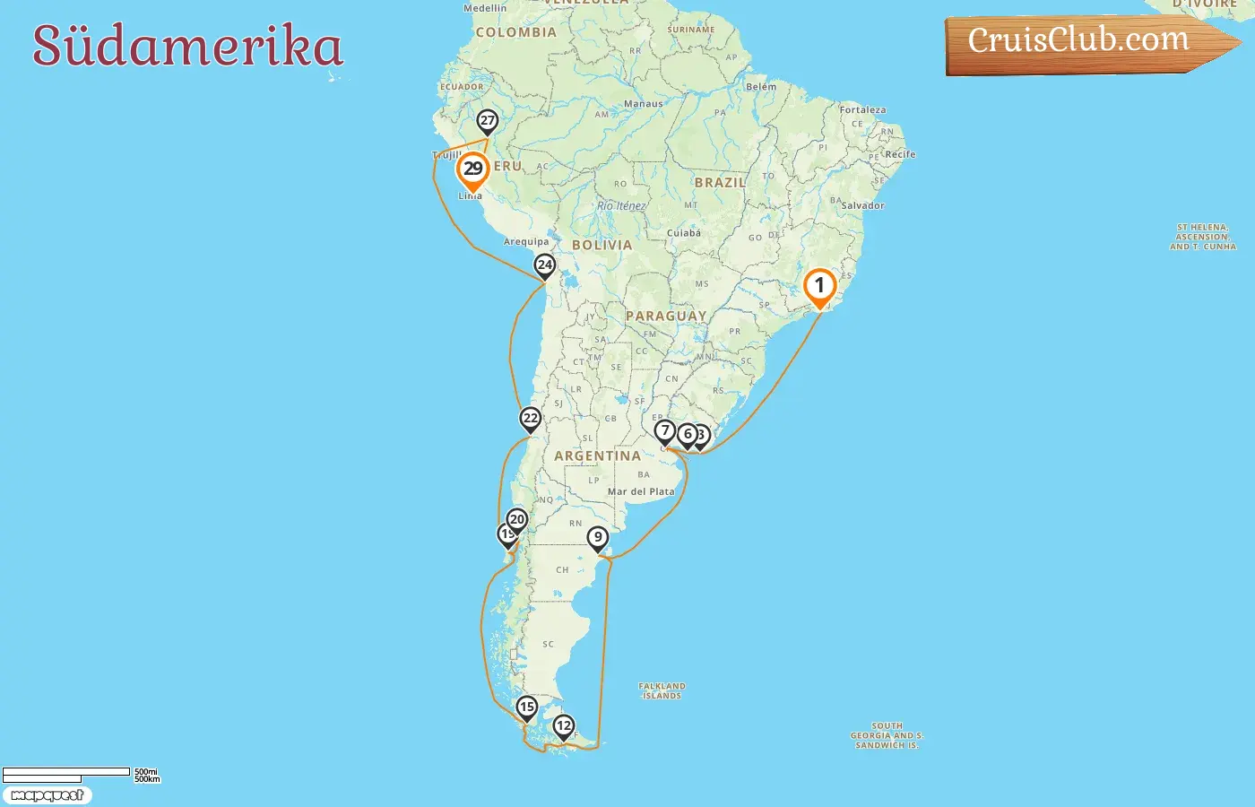 Südamerika-Kreuzfahrt von Rio de Janeiro nach Callao an Bord des Schiffes Artania mit Besuchen in Brasilien, Uruguay, Argentinien, Chile und Peru für 29 Tage