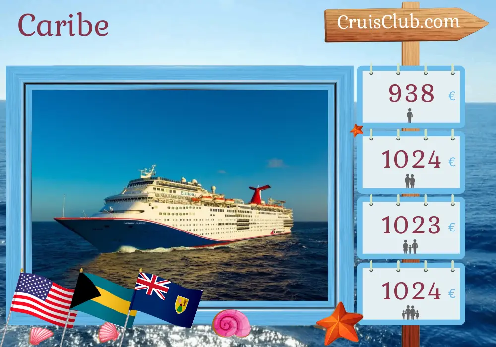 Cruzeiro no Caribe partindo de Jacksonville a bordo do navio Carnival Elation com visitas aos EUA e Bahamas por 8 dias