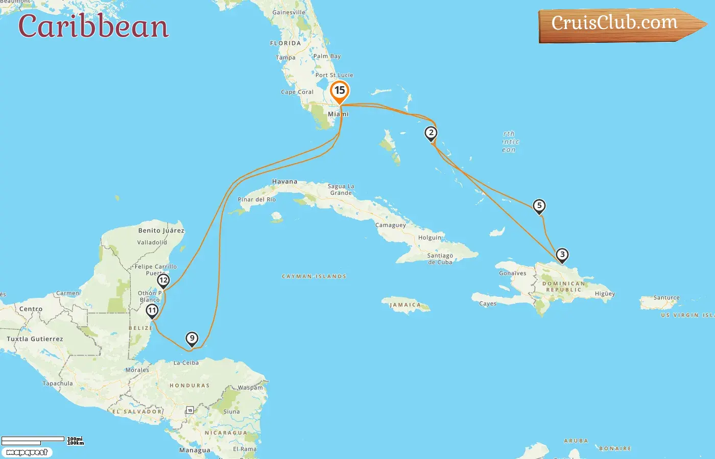 Cruise in the Caribbean from Fort Lauderdale aboard Star Princess ship with visits to USA, Bahamas, Dominican Republic, Honduras, Belize, and Mexico for 15 days