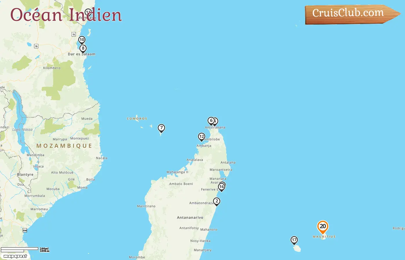 Croisière dans l`océan Indien au départ de Port Louis à bord du navire MS EUROPA avec des visites à l`île Maurice, Madagascar, Mayotte, Tanzanie, Kenya et La Réunion pendant 20 jours