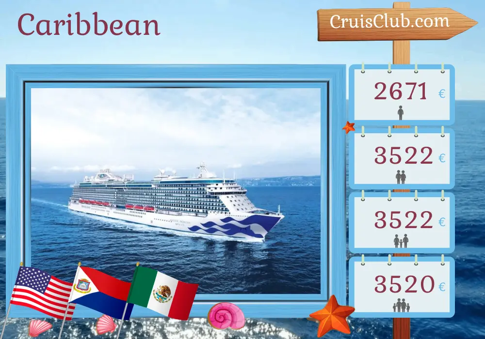 Cruise in the Caribbean from Fort Lauderdale aboard Majestic Princess ship with visits to USA, Dominican Republic, Puerto Rico, Mexico, and Honduras for 15 days