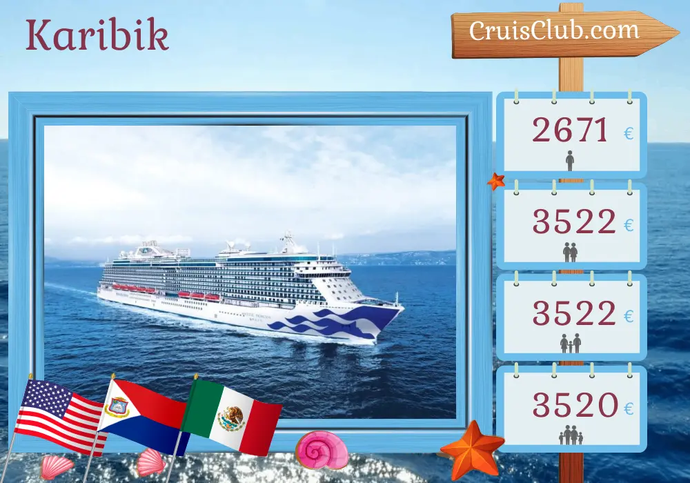 Kreuzfahrt in der Karibik ab Fort Lauderdale an Bord des Majestic Princess Schiffes mit Besuchen in den USA, der Dominikanischen Republik, Puerto Rico, Mexiko und Honduras für 15 Tage