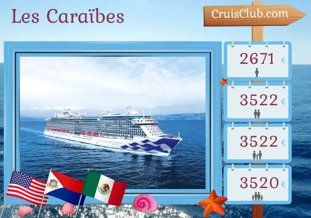 Croisière dans les Caraïbes au départ de Fort Lauderdale à bord du navire Majestic Princess avec des visites aux États-Unis, en République dominicaine, à Porto Rico, au Mexique et au Honduras pendant 15 jours