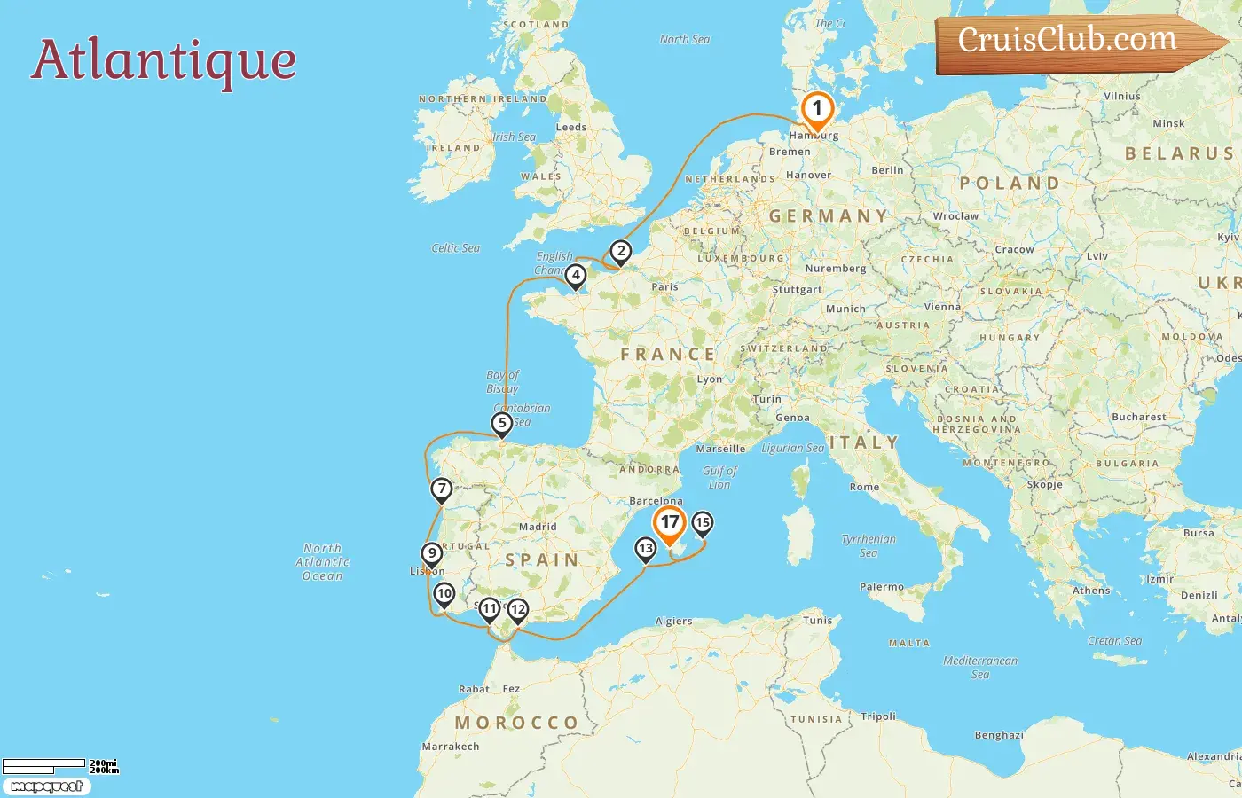 Croisière dans l`Atlantique de Hambourg à Palma à bord du navire MS EUROPA avec des visites en Allemagne, en France, en Espagne et au Portugal pendant 17 jours