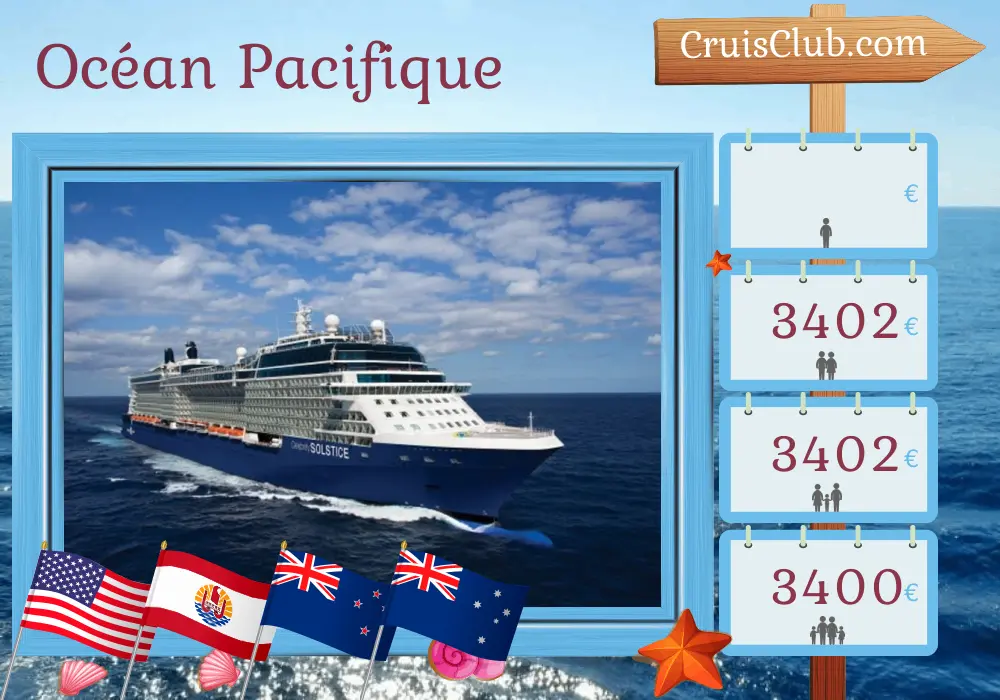 Croisière dans l`océan Pacifique de Honolulu à Sydney à bord du navire Celebrity Solstice avec des visites aux États-Unis, en Polynésie française, en Nouvelle-Zélande et en Australie pendant 20 jours