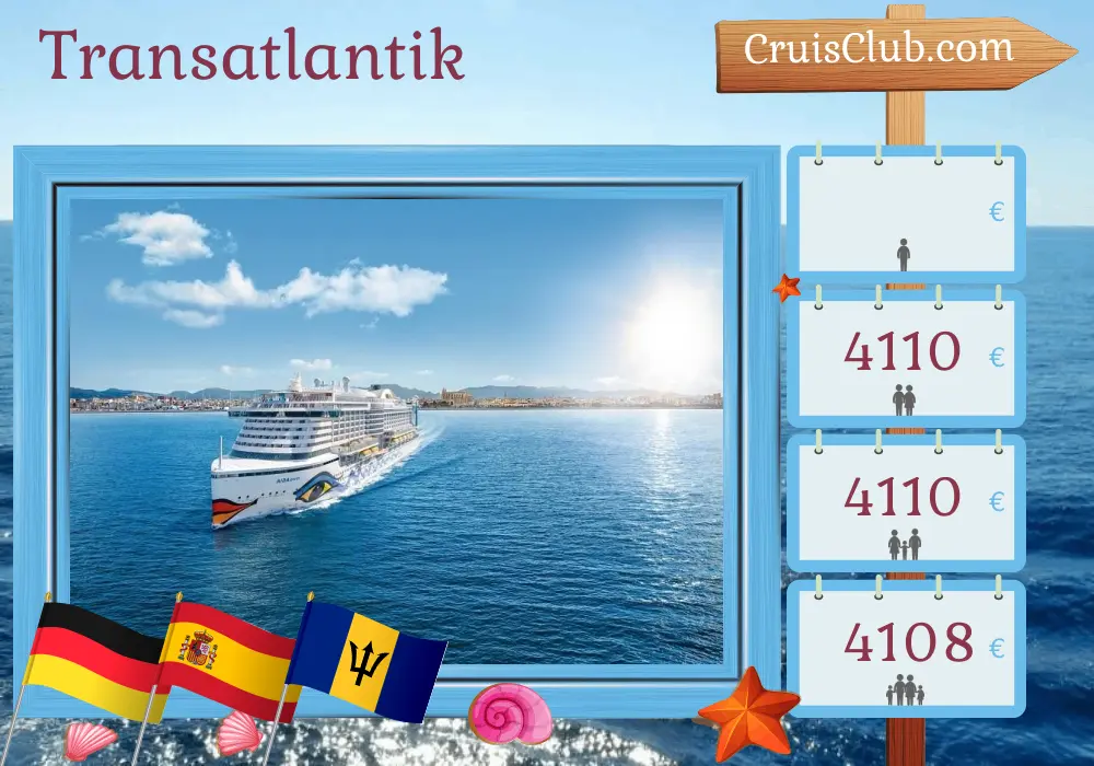Kreuzfahrt über den Atlantik von Hamburg nach Bridgetown an Bord des Schiffes AIDAperla mit Stopps in Deutschland, Spanien, Saint Vincent und den Grenadinen und Barbados für 20 Tage
