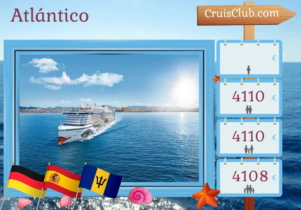 Crucero transatlántico de Hamburgo a Bridgetown a bordo del barco AIDAperla con visitas a Alemania, España, San Vicente y las Granadinas, y Barbados durante 20 días
