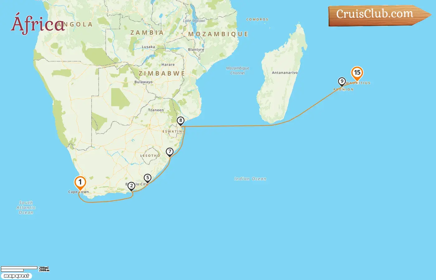 Cruzeiro na África de Cape Town para Port Louis a bordo do navio AIDAstella com visitas à África do Sul, Moçambique, Réunion e Maurício por 15 dias