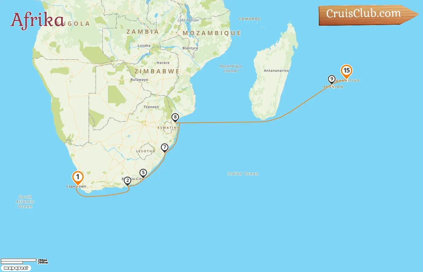Kreuzfahrt in Afrika von Kapstadt nach Port Louis an Bord des Schiffes AIDAstella mit Besuchen in Südafrika, Mosambik, Réunion und Mauritius für 15 Tage