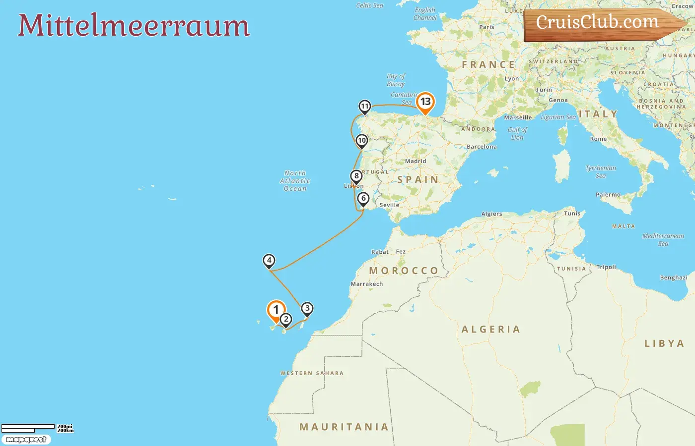 Kreuzfahrt im Mittelmeer von Teneriffa nach Bilbao an Bord des Schiffes MS EUROPA 2 mit Besuchen in Spanien und Portugal für 13 Tage