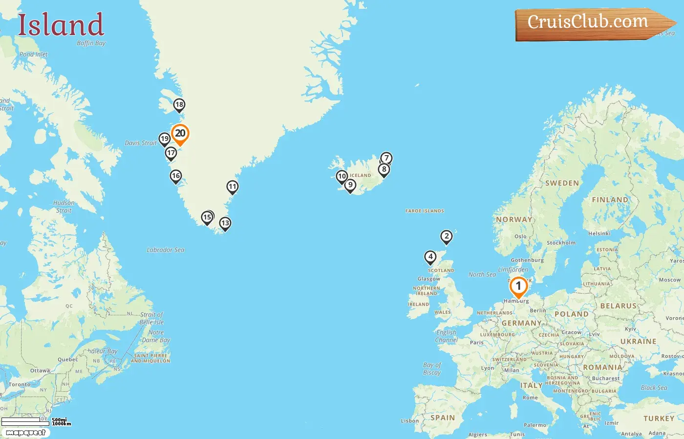 Kreuzfahrt in Island von Hamburg nach Kangerlussuaq an Bord des Schiffes HANSEATIC spirit mit Besuchen in Deutschland, Island und Grönland für 20 Tage