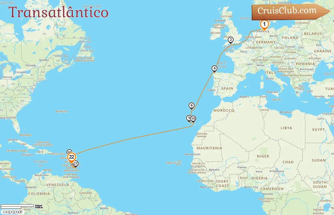 Cruzeiro no Transatlântico de Hamburgo a Fort-de-France a bordo do navio AIDAsol com visitas à Alemanha, Espanha, Guadalupe e Barbados por 22 dias