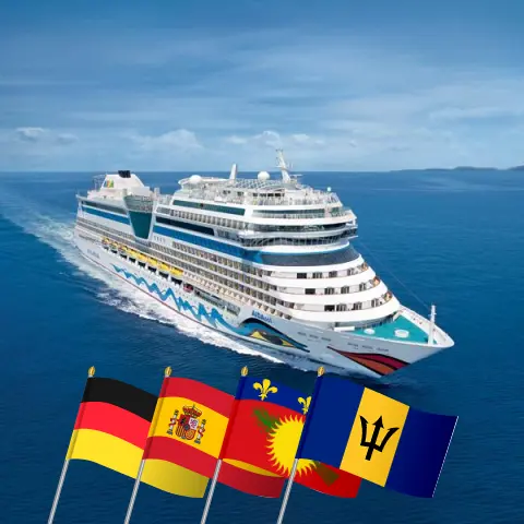 Cruzeiro no Transatlântico de Hamburgo a Fort-de-France a bordo do navio AIDAsol com visitas à Alemanha, Espanha, Guadalupe e Barbados por 22 dias