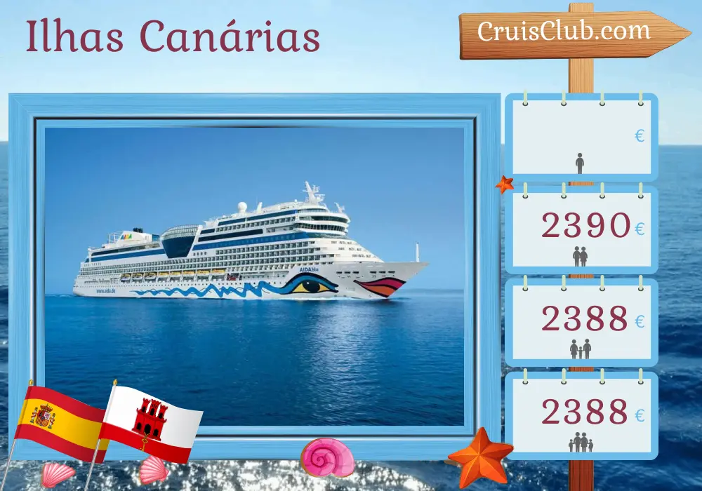 Cruzeiro nas Ilhas Canárias de Palma para Las Palmas a bordo do navio AIDAblu com visitas à Espanha, Gibraltar e Marrocos por 8 dias