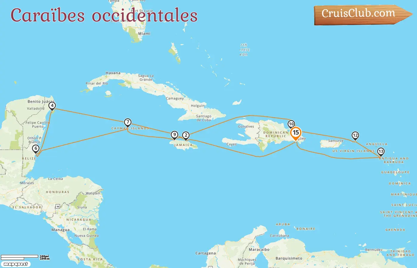 Croisière dans les Caraïbes occidentales au départ de La Romana à bord du navire AIDAsol avec des visites en Jamaïque, au Mexique, au Belize et aux îles Caïmans pendant 15 jours
