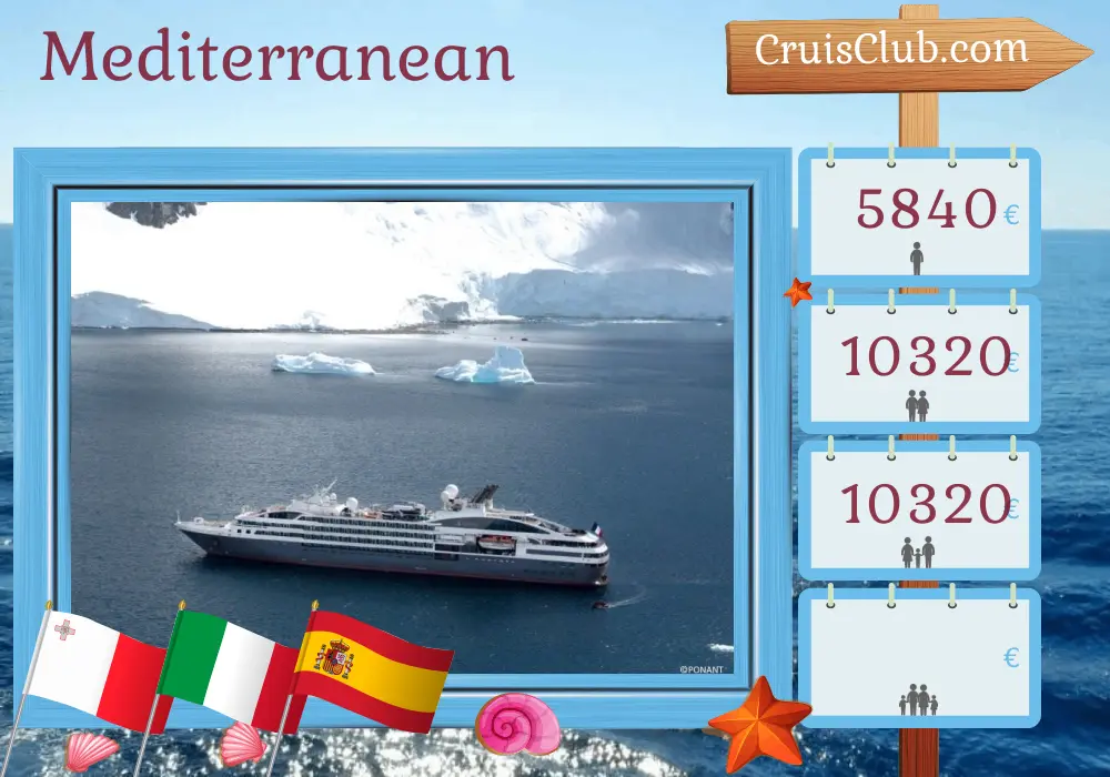 Cruise in the Mediterranean from Valletta to Tarragona aboard L`Austral ship with visits to Malta, Italy, and Spain for 8 days