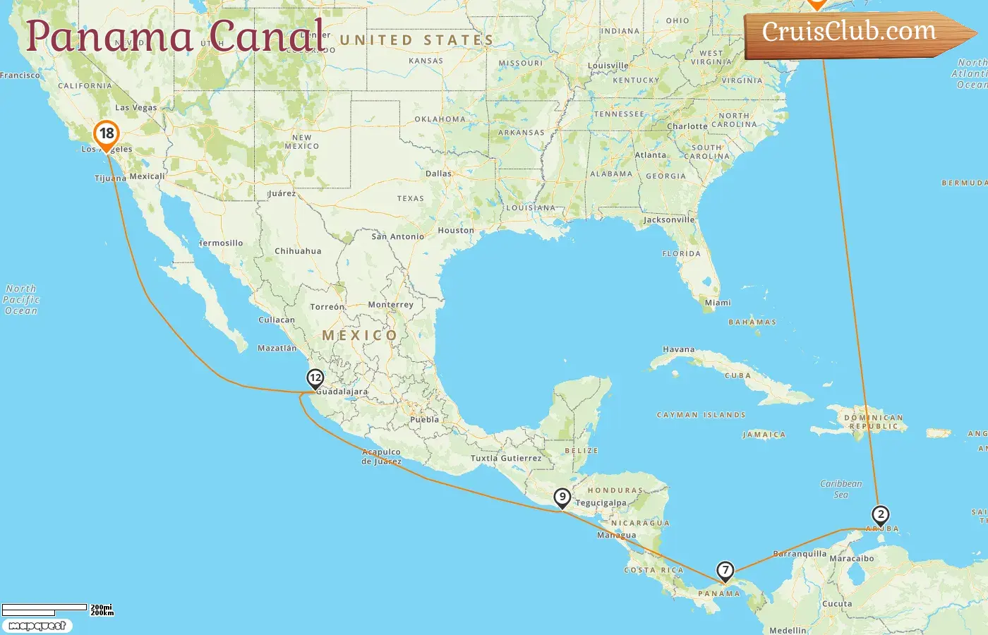 Cruise in the Panama Canal from New York to Los Angeles aboard Queen Victoria ship with visits to USA, Aruba, Panama, El Salvador, and Mexico for 18 days