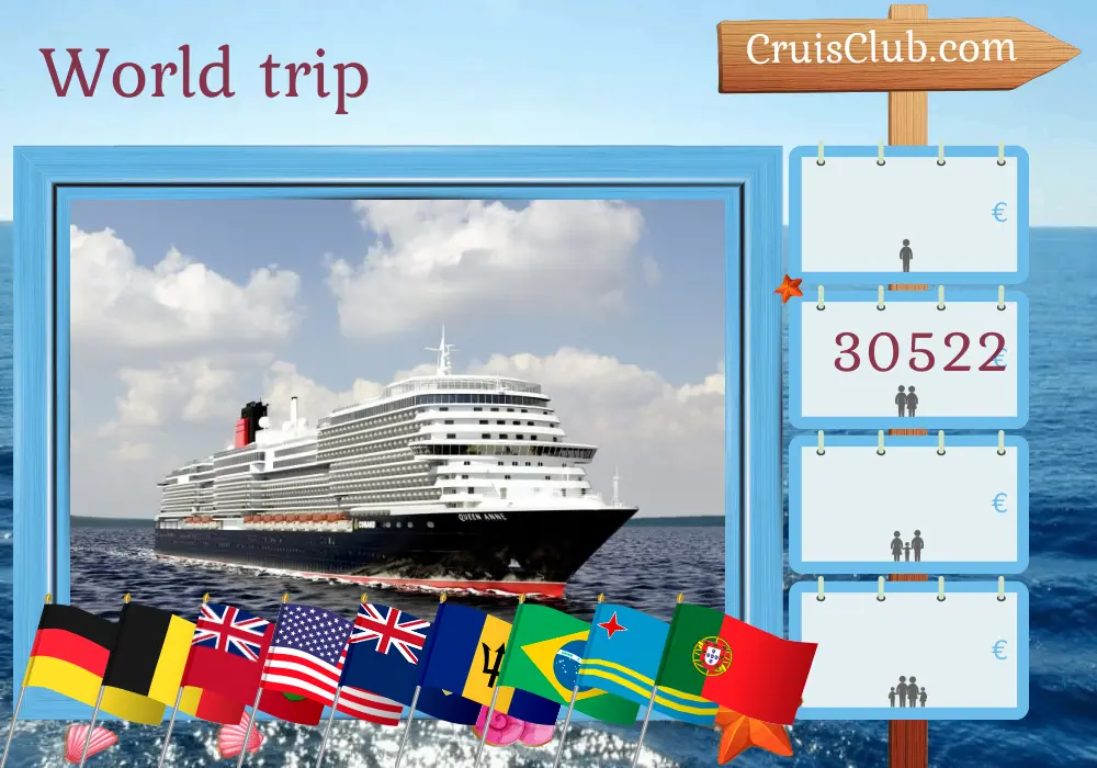 Cruise in the World trip from Hamburg aboard Queen Anne ship with visits to Germany, Belgium, Bermuda, USA, Barbados, Brazil, Uruguay, Argentina, Chile, Peru, Ecuador, Panama, Aruba, and Portugal for 91 days