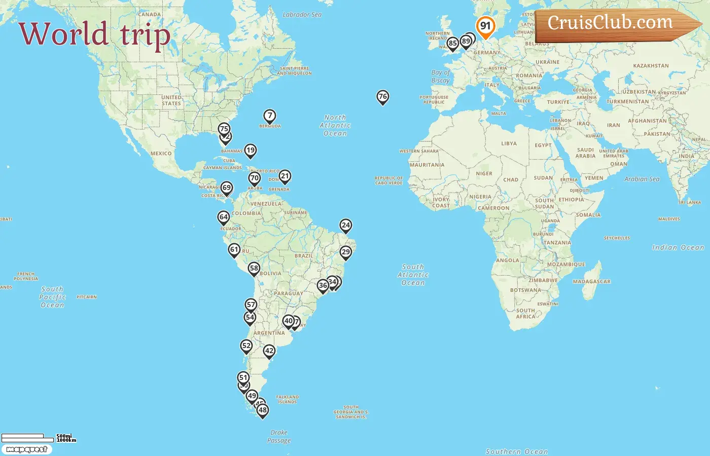 Cruise in the World trip from Hamburg aboard Queen Anne ship with visits to Germany, Belgium, Bermuda, USA, Barbados, Brazil, Uruguay, Argentina, Chile, Peru, Ecuador, Panama, Aruba, and Portugal for 91 days