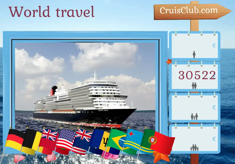 Weltreise-Kreuzfahrt ab Hamburg an Bord der Queen Anne mit Stopps in Deutschland, Belgien, Bermuda, USA, Barbados, Brasilien, Uruguay, Argentinien, Chile, Peru, Ecuador, Panama, Aruba und Portugal für 91 Tage