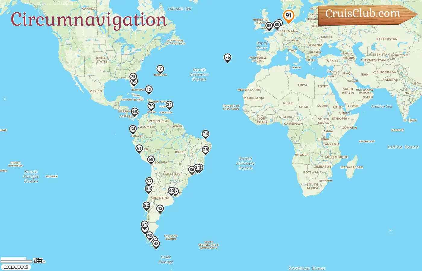 Croisière dans le monde à partir de Hambourg à bord du navire Queen Anne avec des visites en Allemagne, en Belgique, aux Bermudes, aux États-Unis, à la Barbade, au Brésil, en Uruguay, en Argentine, au Chili, au Pérou, en Équateur, au Panama, à Aruba et au Portugal pendant 91 jours