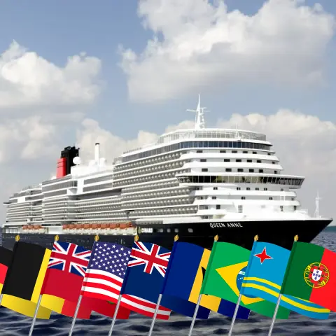 Weltreise-Kreuzfahrt ab Hamburg an Bord der Queen Anne mit Stopps in Deutschland, Belgien, Bermuda, USA, Barbados, Brasilien, Uruguay, Argentinien, Chile, Peru, Ecuador, Panama, Aruba und Portugal für 91 Tage