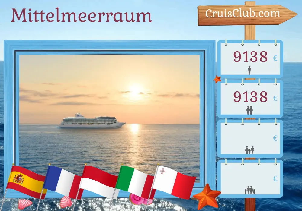 Kreuzfahrt im Mittelmeer von Barcelona nach Civitavecchia an Bord des Oceania Allura Schiffes mit Stopps in Spanien, Frankreich, Monaco, Italien und Malta für 10 Tage