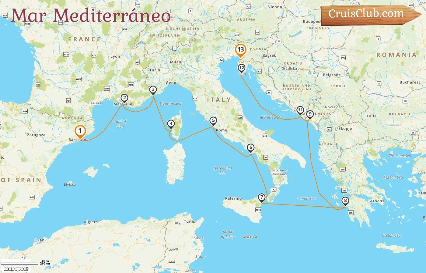Crucero en el Mediterráneo desde Barcelona hasta Trieste a bordo del barco Oceania Allura con visitas a España, Francia, Mónaco, Italia, Grecia, Montenegro y Croacia durante 13 días