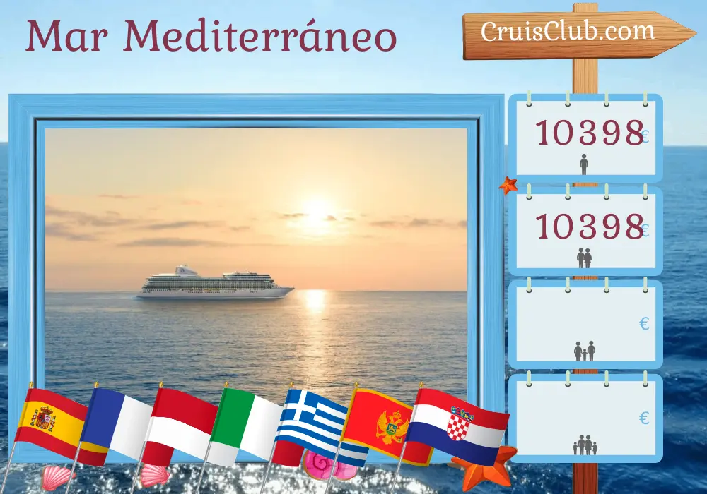 Crucero en el Mediterráneo desde Barcelona hasta Trieste a bordo del barco Oceania Allura con visitas a España, Francia, Mónaco, Italia, Grecia, Montenegro y Croacia durante 13 días