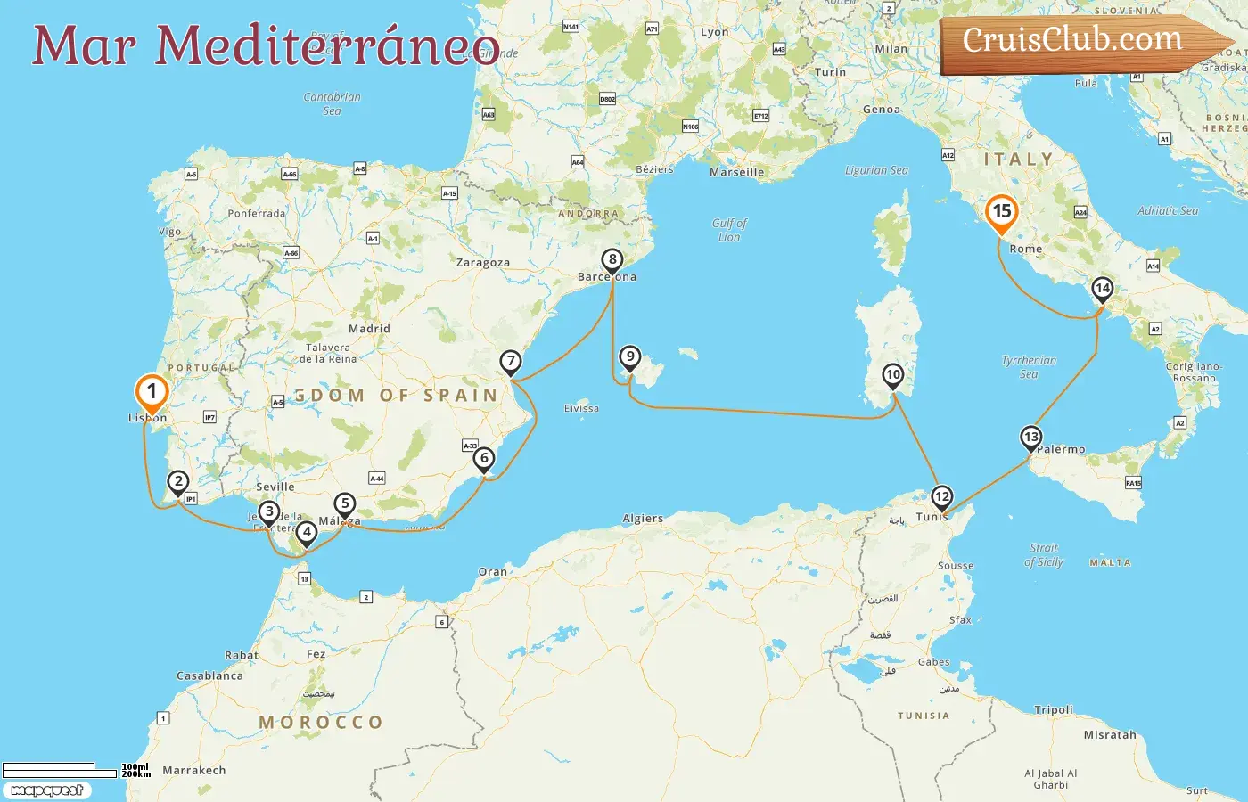 Crucero por el Mediterráneo de Lisboa a Civitavecchia a bordo del barco Silver Dawn con visitas a Portugal, España, Gibraltar, Italia y Túnez durante 15 días